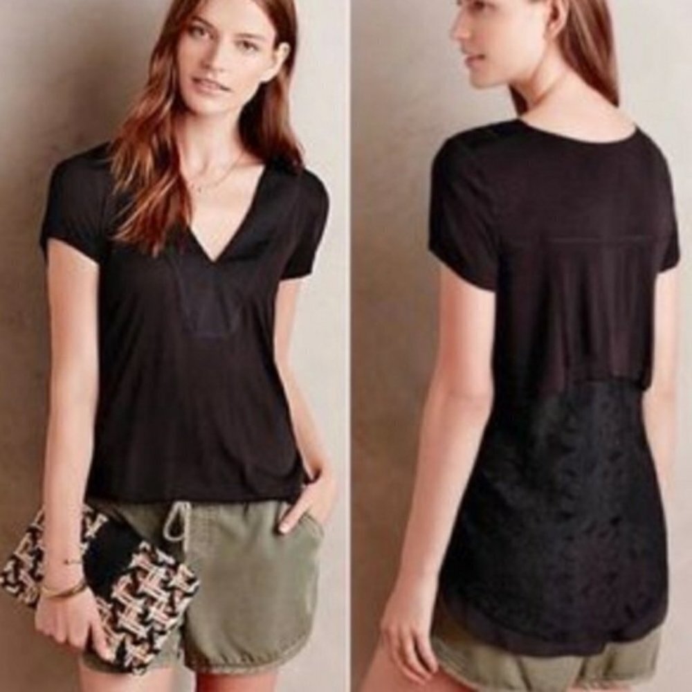 Anthropologie Deletta Pori Top Lace Top Boho Romantic V Neck Black